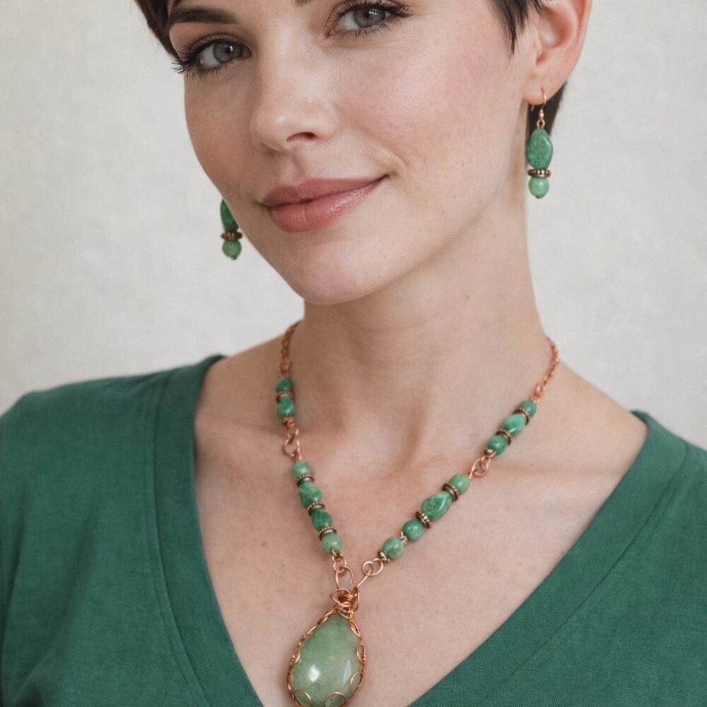 Aventurine Teardrop 1 1/4" Cabochon Necklace Pendant Earrings 20" Copper Bezel